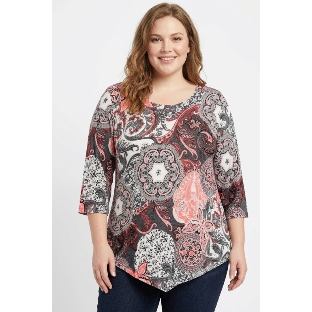 Rue Juju Top 2X Coral Black Artsy Stretch Asymmetric Hem 3/4 Sleeve Blouse Boho